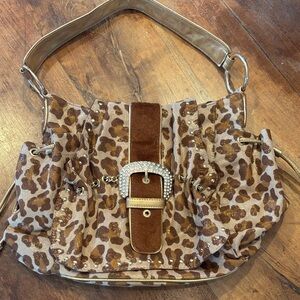Leopard Print Shoulder Bag with Rhinestone Buckle